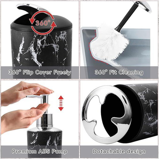 XLHOMO Black Marble Bathroom Accessories Set, Black Bathroom Set with Trash Can, Vanity Tray, Soap Dispenser, Soap Dish, Toothbrush Holder, Toothbrush Cup, Toilet Brush and Qtip Holders for Bathroom - ModernBath