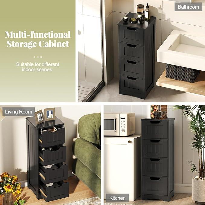Tangkula Bathroom Floor Cabinet with 4 Drawers, 12 x 12 x 33 Inch, Freestanding Storage Cabinet for Bathroom Living Room, Wooden Cabinet Organizer Unit for Home Office (Black) - ModernBath