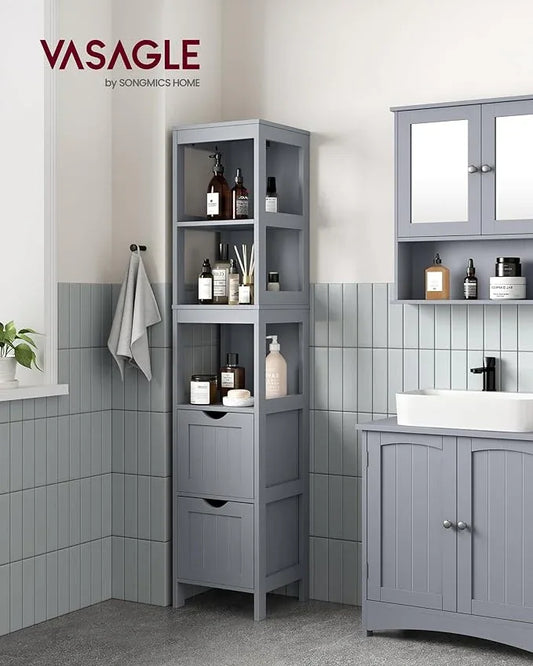 VASAGLE Storage Cabinet, Storage Organizer Rack Stand for Bathroom, Living Room, Bedroom, Multifunctional Corner Unit, 2 Drawers, 55.7 Inches in Height, Dove Gray UBBC066G02 - ModernBath