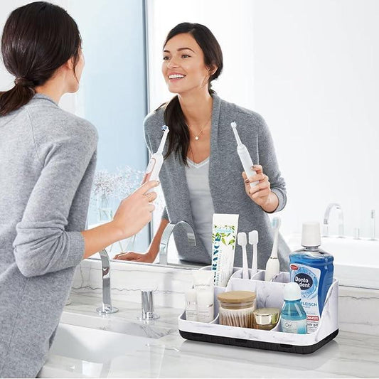 GFWARE Marble Bathroom Countertop Organizer - Detachable 7 Slots Kids Electric Toothbrush and Toothpaste Holde Drainage for Bathroom Accessories Organization Counter Vanity Storage, Black - ModernBath