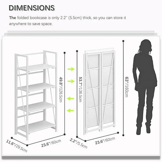 4NM No Assembly Folding Bookshelf Storage Shelves 4 Tiers Vintage Bookcase Standing Racks Study Organizer Home Office (All White) - ModernBath