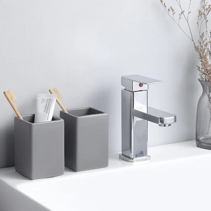Grey Square Toothbrush Holders for Bathrooms - 2 Cups Ceramic Toothbrush Toothpaste Holders Set, White Square Bathroom Tumbler Cups Reusable Toothbrush Mouthwash Cup, Bathroom Counter Organizer. - ModernBath