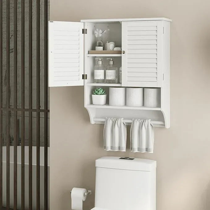 Giantex Wall Mounted Medicine Cabinet with 2 Louvered Doors, 3-Position Adjustable Shelf, Towel Bar, Above Toilet Space Saver (White) - ModernBath