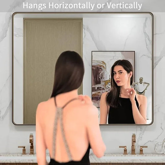 LOAAO 40”X36” Bronze Bathroom Mirrors for Vanity, Rounded Rectangle Brushed Bronze Metal Frame Mirror, Anti-Rust, Tempered Glass, Hangs Horizontally or Vertically - ModernBath