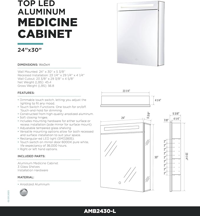 Fine Fixtures Bathroom Medicine Cabinet, Aluminum, Recessed/Surface Mount, Mirrored Interior w/LED (24 x 30 Left)