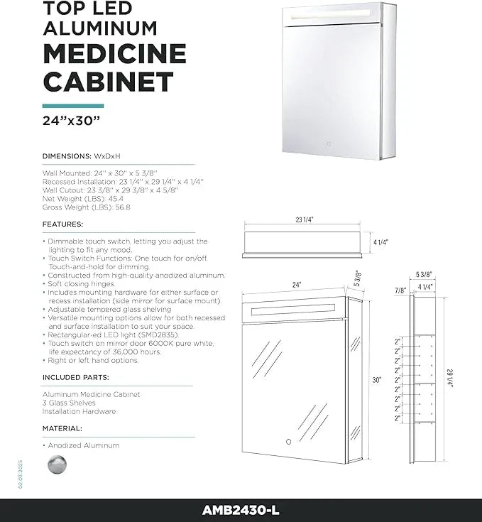 Fine Fixtures Bathroom Medicine Cabinet, Aluminum, Recessed/Surface Mount, Mirrored Interior w/LED (24 x 30 Left) - ModernBath