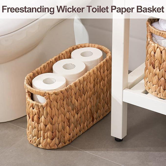 FairyHaus Wicker Toilet Paper Storage Basket with Buit-in Handles, 6 Rolls Natural Water Hyacinth Toilet Paper Holder Stand with Storage, Freestanding Handwoven Toilet Paper Holder Basket for Bathroom - ModernBath