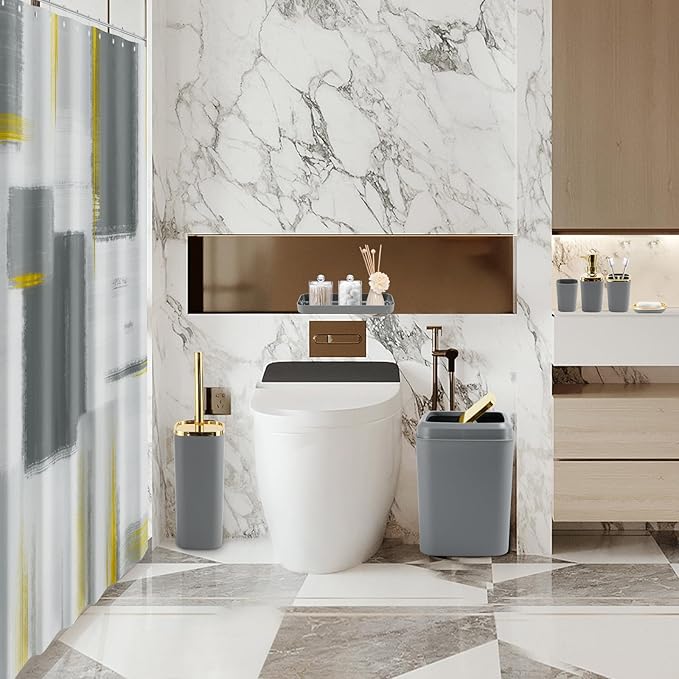XLHOMO Grey Bathroom Accessories Set, Bathroom Sets with Shower Curtain, Grey Bathroom Accessories with Trash Can, Soap Dispenser, Soap Dish, Toilet Brush Holder, Qtip Holders for Bathroom