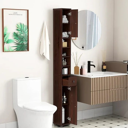 Tangkula Tall Slim Bathroom Storage Cabinet, 71" Freestanding Bathroom Cabinet w/ 2 Doors, 1 Drawer & 5 Adjustable Shelves, Floor Narrow Tower Cabinet for Small Spaces, 8" x 8" x 71" (Brown) - ModernBath