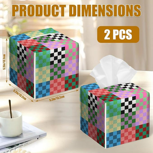 Colorful Checkered Tissue Box Cover 2PCS, Leather Tissue Box Holder Square Facial Paper Case Tissue Box Cube Organizer for Bathroom Bedroom Desk Office