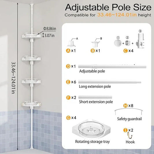 shuang qing 360° Rotating Corner Shower Caddy Tension Pole Organizer - 4-Tier Adjustable Rustproof Metal Pole, Plastic Shelves with Safety Guardrail, Bathroom Storage for Shower & Bathtub(White) - ModernBath