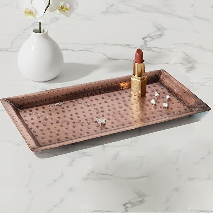 Monarch Abode Decorative Tray – 12-Inch Hand Hammered Antique Copper Metal Bathroom Tray Countertop Vanity Trays Organizer, Perfume Plate for Dresser, Kitchen Countertop Small Fruit Platter, Pack of 2 - ModernBath