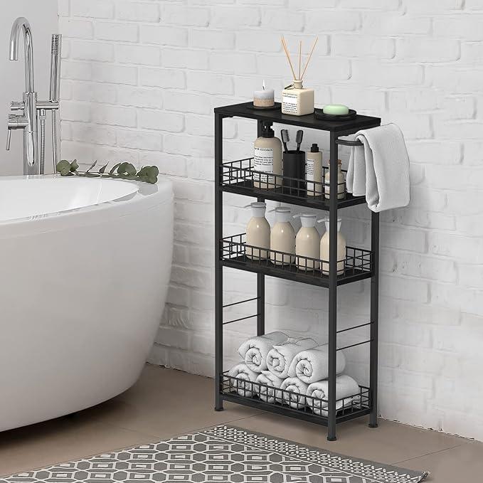 Slim Storage Cart 4 Tier Rolling Kitchen Cart Utility Serving Cart Laundry Room Narrow Cart with Handle Mobile Sheving Unit Organizer Wood Rolling Storage Cart for Bathroom Small Spaces, Modern Black - ModernBath