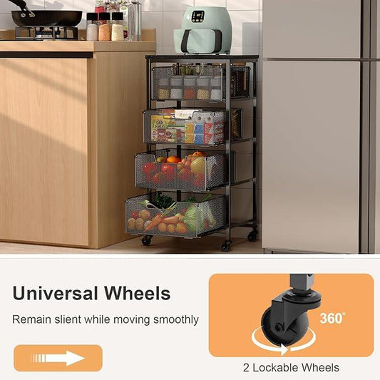 4-Tier Fruit Vegetable Storage Cart - Kitchen Organizer and Storage Cart with Wheels, Wooden Top Metal Wire Fruit Vegetable Rack Stand with Drawers to Storage Cans Snacks for Kitchen(Patent Pending) - ModernBath