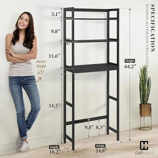 CAPHAUS Over The Toilet Storage Shelf,3-Tier Over-The-Toilet Shelf Rack with Adjustable Feet & Hooks, Freestanding Bamboo Toilet Shelf, Bathroom & Laundry Organizer, Balcony Plant Stand, Black - ModernBath