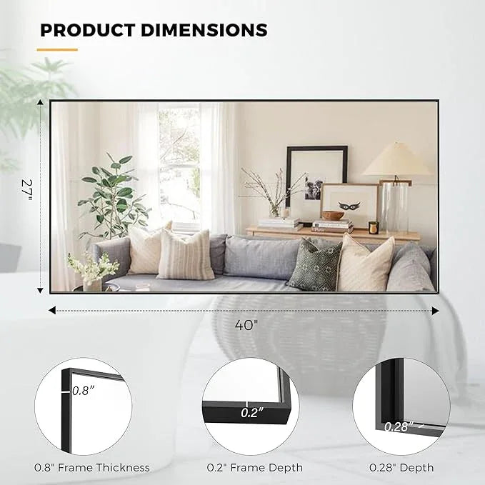 Bonverre 27x40 Inch Black Bathroom Mirror for Wall, Aluminum Frame Rectangle Rectangular Vanity Mirror, Modern Large for Bedroom, Living Room, Horizontal or Vertical - ModernBath