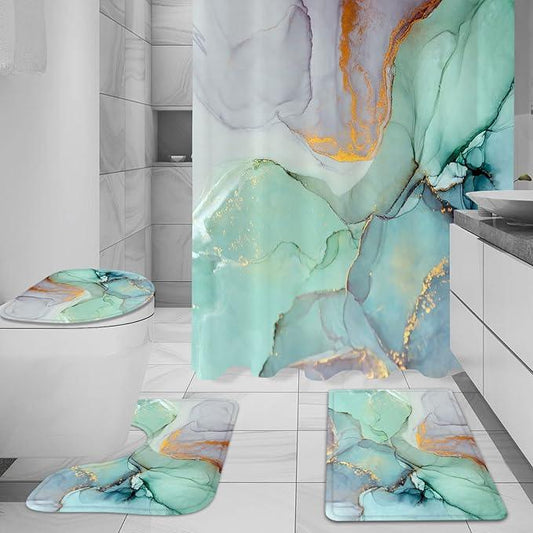 Gibelle 4 Pcs Shower Curtain Set with Non-Slip Rugs Toilet Lid Cover and Bath Mat, Green Marble Bathroom Decor Set with Accessories - ModernBath