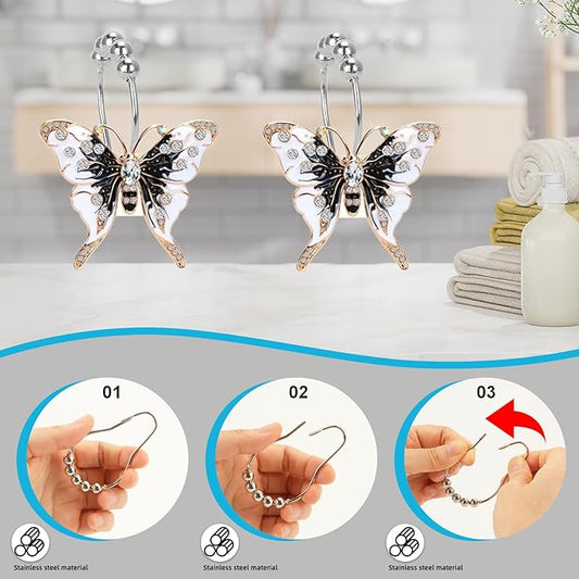 Elerslodia Butterfly Decorative Shower Curtain Hooks,Black and White,12 Pieces,Roller Ball, Stainless Steel,Insect Decor,Shower Rings,Bathroom Set,Rustproof,Home Living & Bathroom Decor,Gift