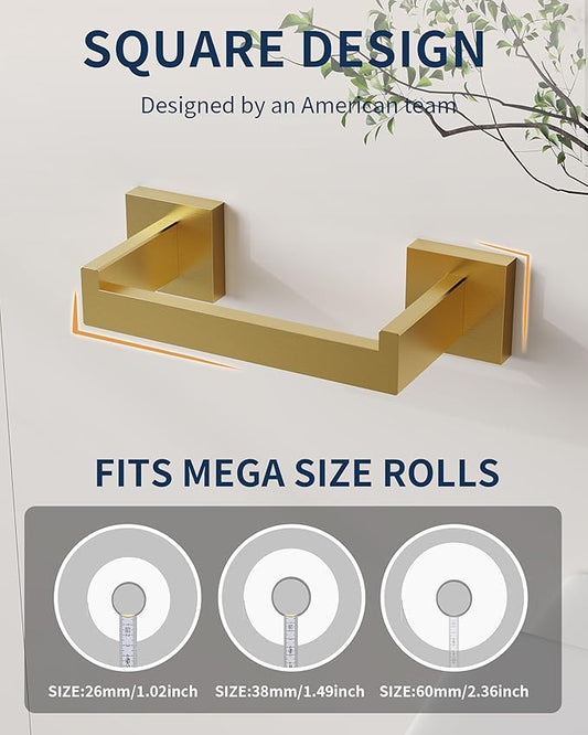 BATHDANCE Toilet Paper Holder Wall Mount, Square Stainless Steel Rustproof Double Post Pivoting Tissue Roll Holder for Bathroom, Commercial Toilet Paper Dispenser (Brushed Gold)