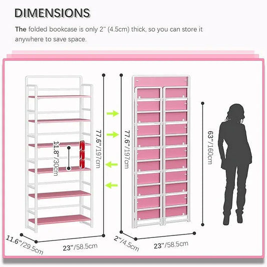 4NM No Assembly 6 Tiers Folding Bookshelf Storage Shelves Vintage Bookcase Standing Racks Study Organizer Home Office (Pink White) - ModernBath