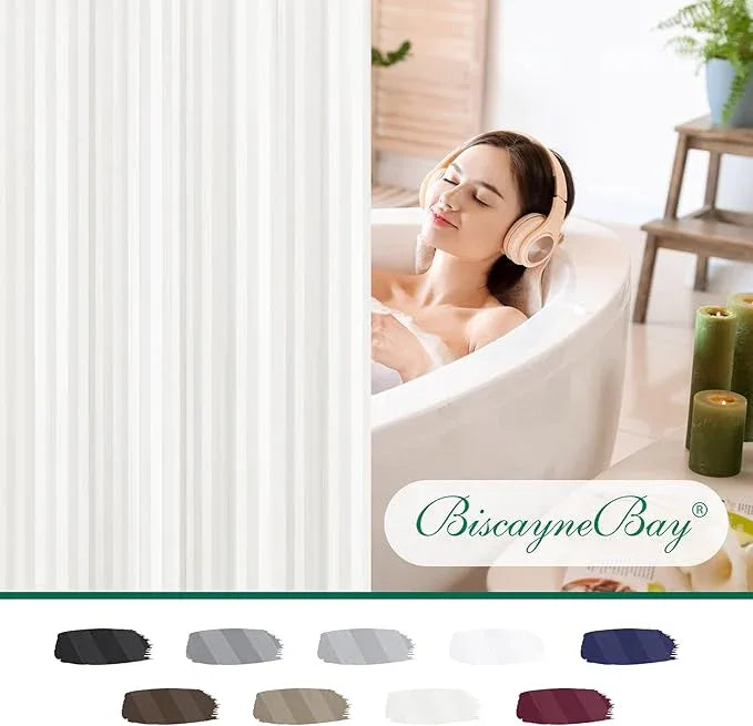 Biscaynebay Fabric Shower Curtain or Liner 72" by 72", Ivory Water Repellent Damask Stripes Bathroom Curtains Machine Washable - ModernBath