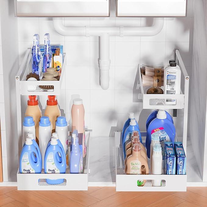 Full Metal Under Sink Organizer, Pull Out Cabinet Organizers and Storage, Silk-Smooth Sliding Drawer for Kitchen, Bathroom, Pantry, Cabinet, Closet (White, 2 Pack) - ModernBath