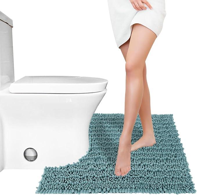 Yimobra Toilet Rug U Shaped Washable 24x24 Inch - Ultra Soft Absorbent Chenille Bath Rugs for Toilet, Quick Dry & Machine Washable, Non Slip Contour Bathroom Mat, Teal Blue - ModernBath