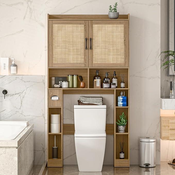 Over The Toilet Storage Cabinet, Farmhouse Toilet Cabinet Rack with Barn Doors, Space Saving Bathroom Organizer with Shelves,Toilet Paper Holder and Towel Rack for Bathroom,Restroom,Laundry,Rattan Oak - ModernBath