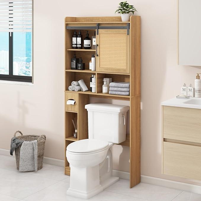Over The Toilet Storage Cabinet, Farmhouse Rattan Storage Cabinet Over Toilet with Sliding Doors & Toilet Paper Holder Stand, Home Space-Saving Toilet Rack, for Bathroom, Laundry(Rattan Oak). - ModernBath
