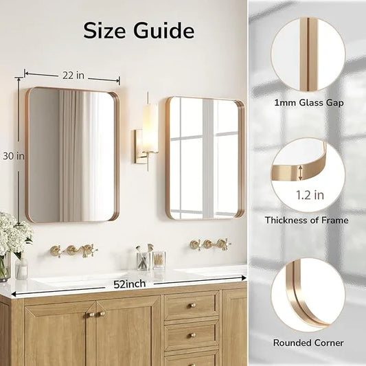 USHOWER Gold Bathroom Mirror 22"x30", Brushed Gold Rectangle Mirror for Over Sink, Rounded Corner, Aluminum Frame, Anti-Rust, Tempered Glass, Horizontal or Vertical Mounted - ModernBath