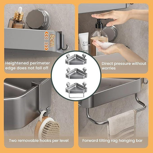 Gray Corner Shower Shelf With 4 Hooks and 1 Cross Bar - 3 PCS Carbon Steel Shelves for Toilet, Shampoo Holder, Kitchen and Locker - ModernBath
