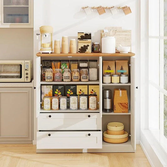 LOKO 47.5” Tall Buffet Cabinet with Storage, Modern Storage Cabinet with 3 Doors & 2 Large Drawers, Farmhouse Kitchen Pantry with Removable Shelf for Dining Room, Living Room, Home Bar - ModernBath