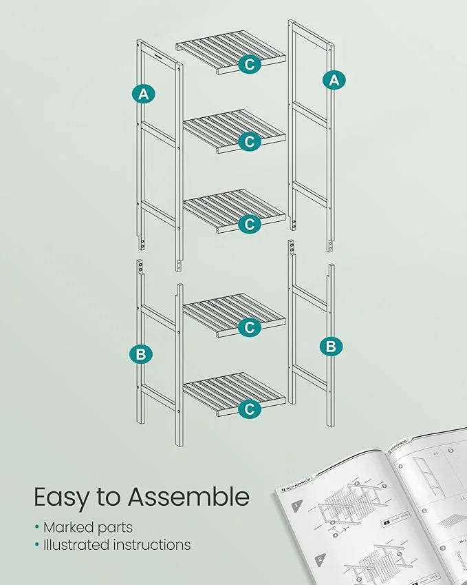 SONGMICS Bamboo Storage Shelf, 5-Tier Shelving Unit, Multifunctional, in The Entryway, Bathroom, Living Room, Balcony, Kitchen, 13 x 13 x 57.5 Inches, Cloud White UBCB055W01 - ModernBath