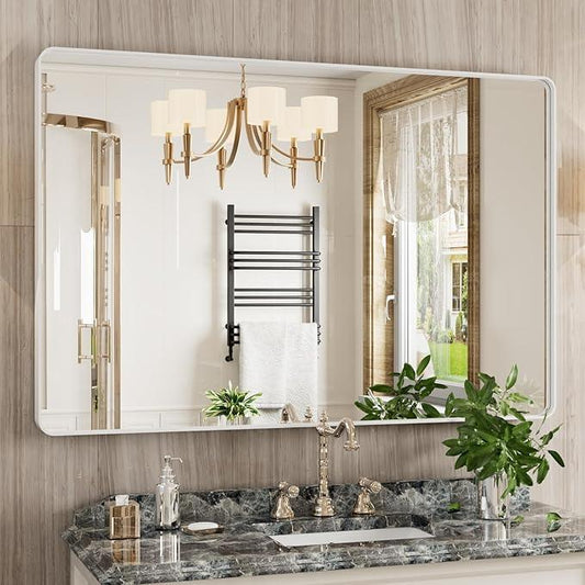 JISOSO White Bathroom Mirror 48x32 Inch, White Metal Framed Bathroom Mirror for Wall, Rounded Rectangle Matte Bathroom Vanity Mirror, Tempered Glass, Anti-Rust, Horizontal/Vertical - ModernBath