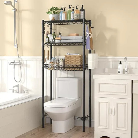 Hodonas Over The Toilet Storage Shelf, Adjustable Bathroom Organizer with Toilet Paper Holder & 8 Hooks, 3 Tier Sturdy Metal Space Saver for Bathroom/Kitchen, Easy Assembly Above Toilet Shelf, Black - ModernBath