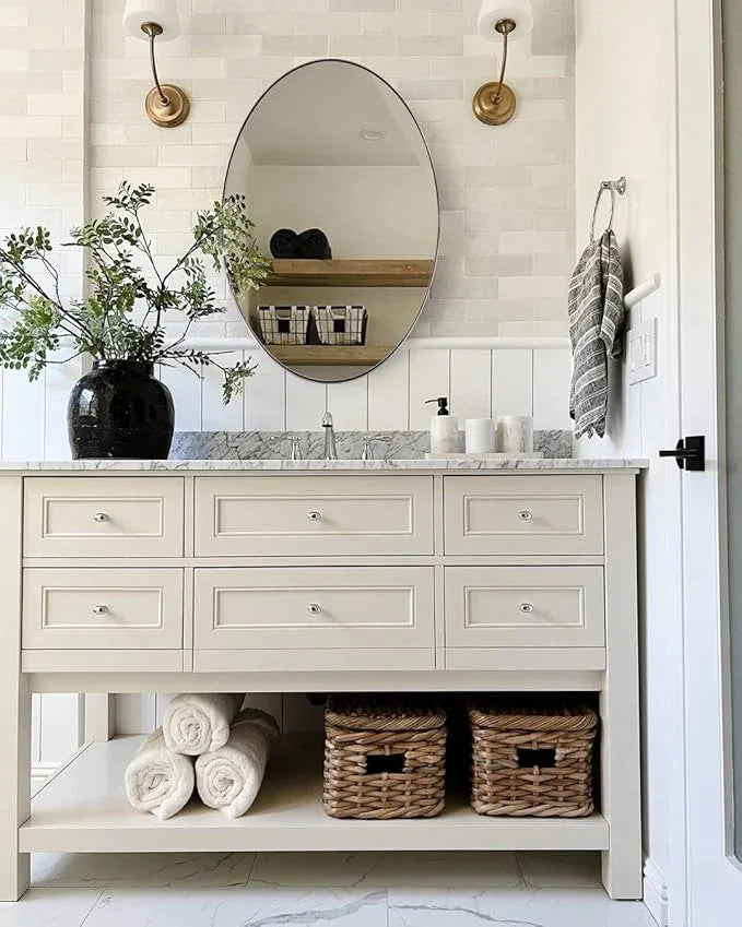 ANDY STAR Brushed Nickel Mirror Bathroom, 24x32 Inch Brushed Nickel Oval Mirror, Stainless Steel Metal Frame Oval Vanity Mirrors Hangs Horizontal or Vertical, Modern Style for Home - ModernBath