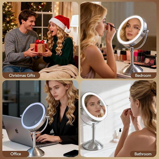 PJE Vanity Mirror with Lights,360 Mirror Magnifying Mirror with Light 10X,3 Light Settings Rechargeable Makeup Mirror,Dimmable Touch Control Tabletop Makeup Mirrors with Lights for Home,Hotel & Salon - ModernBath