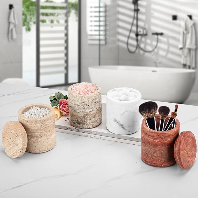 N NANSHOP Natural Marble Canister, Cotton Swab Holder with Lid, High Capacity Bathroom Qtip Holder Storage for Cotton Swab, Floss Picks, Makeup Pad, Bath Salt, Jazz White(NS020)