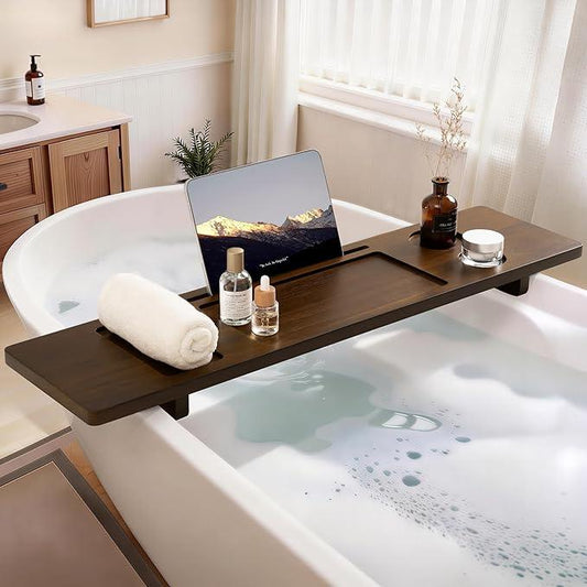 Teak Bathtub Tray - Large Wood Bath Caddy Tray 35" - Luxury Shower Organizer for Freestanding Bath - Adjustable Bathtub Trays for Home Spa Relaxation and Reading - Dark Walnut Color - ModernBath