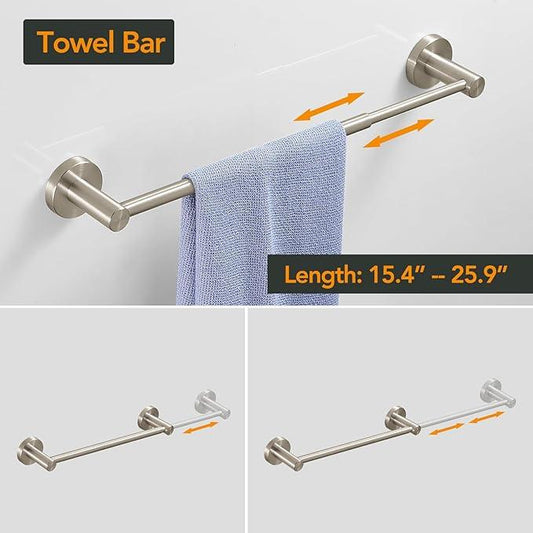 BESy 4 Piece Bathroom Accessories Set (Adjustable 16 to 26 Inch Towel Bar, Towel Ring, Toilet Paper Holder,Towel Hook), Wall Mounted Bath Hardware Accessory Fixtures Set,Stainless Steel/Brushed Nickel - ModernBath