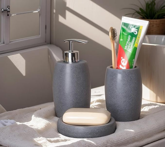 Clasin Home Grey Bathroom Accessories Set 3 PC, Resin Sandstone Look Soap Dispenser, Toothbrush Cup, Soap Dish, Bathroom Soap Dispenser Set for Home Decor and Kitchen - ModernBath