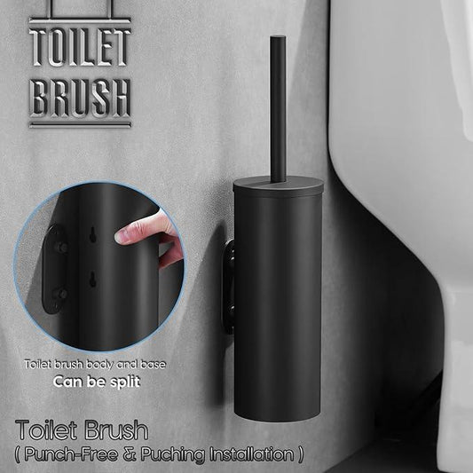 Toilet Bowl Brush and Holder, 304 Stainless Steel No-Punch Hook Base Dual Purpose Toilet Brush Holder with Removable Inner Bucket and Splash Cover - Soft Bristles (Black) - ModernBath