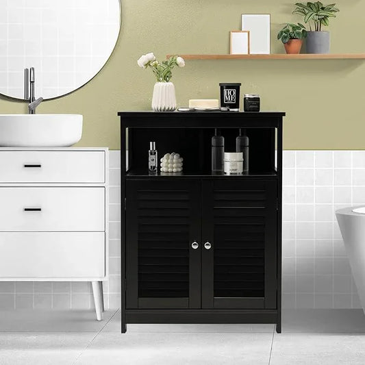 LDAILY Bathroom Storage Cabinet, Freestanding Organizer With Double Shutter Doors, Adjustable Shelf, Wooden Floor Cabinet for Kitchen, Entryway (Black) - ModernBath