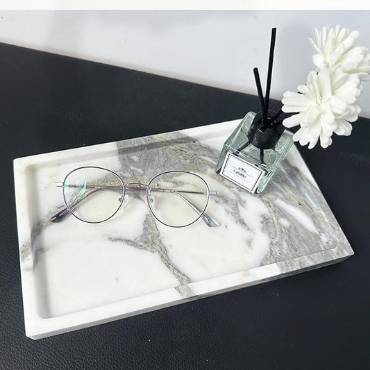 OAIQNUJ Natural White Marble Vanity Tray, 9.8"x5.9" Genuine Marble Stone Tray for Bathroom/Kitchen/Dresser (Arabescato) - ModernBath