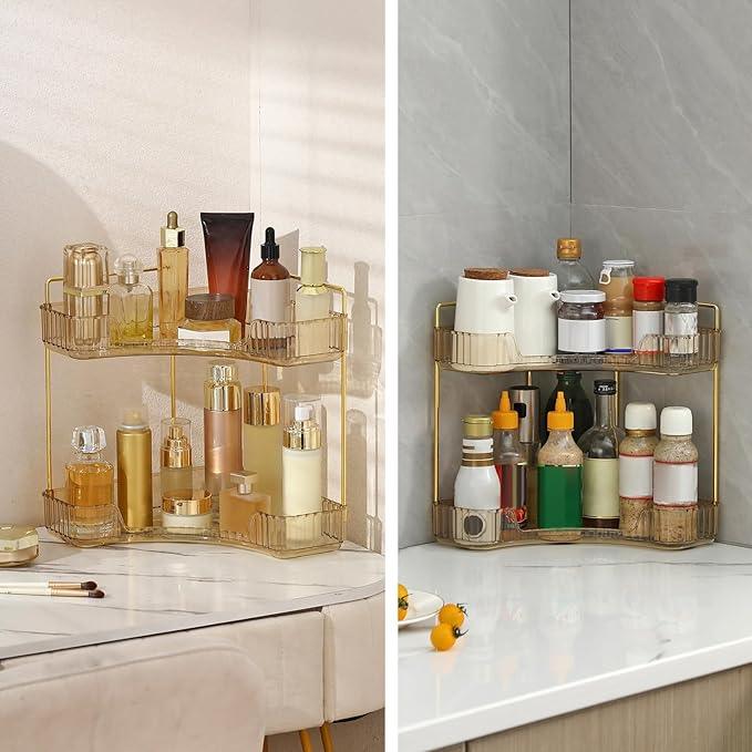 INVSSENE Corner Bathroom Countertop Organizer, Vanity Organizer Trays for Counter, Makeup Organizers, Perfume Tray, Skincare Shelf Storage Gifts for Women Girl Student (Yellow, 2 Tiers) - ModernBath