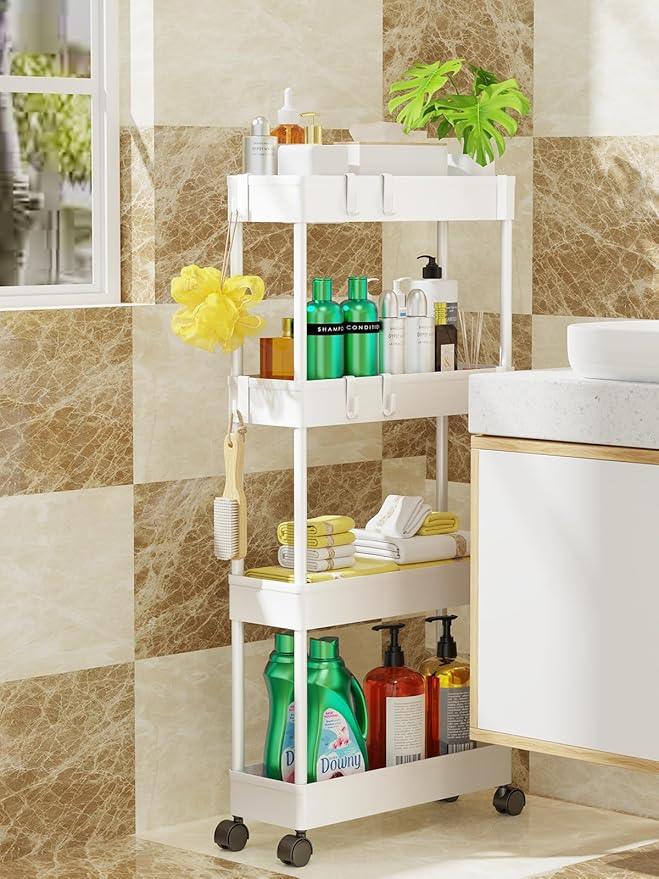 LEHOM 5.1" Slim Storage Cart - 4 Tiers Bathroom Organizer Mobile Shelving Unit Storage Rolling Utility Cart Slide Out Organizer for Kitchen Bathroom Laundry Narrow Places, White - ModernBath