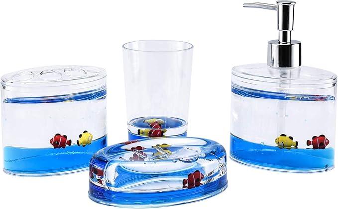 Locco Decor 4 Piece Acrylic Liquid 4D Floating Motion Bathroom Vanity Accessory Set Garden Theme Leaf Toothbrush Holder, Tumbler, Soap Dispenser, Soap Dish - ModernBath