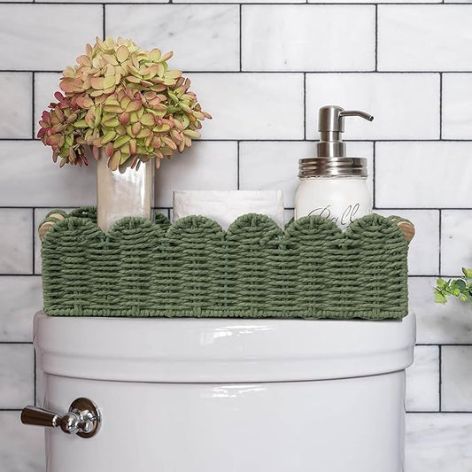 CubesLand Toilet Paper Storage Basket Scalloped Edge Home Decor Green Basket, Living Room Cozy Decor, Paper Rope Small Baskets for Over Toilet Storage Shelf, End Table, Shelves, with 2 Wooden Handles