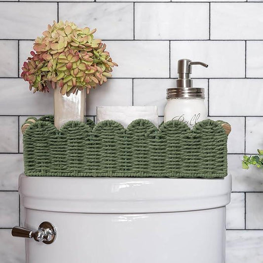 CubesLand Toilet Paper Storage Basket Scalloped Edge Home Decor Green Basket, Living Room Cozy Decor, Paper Rope Small Baskets for Over Toilet Storage Shelf, End Table, Shelves, with 2 Wooden Handles - ModernBath