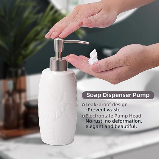 Bathroom Accessories Set,Leaf Design Bathroom Accessory Set,4 PCS Ceramic Gift Set Apartment Necessities, Contain Cotton Swab Jar,Soap Dispenser,Soap Dish,Tumbler White - ModernBath